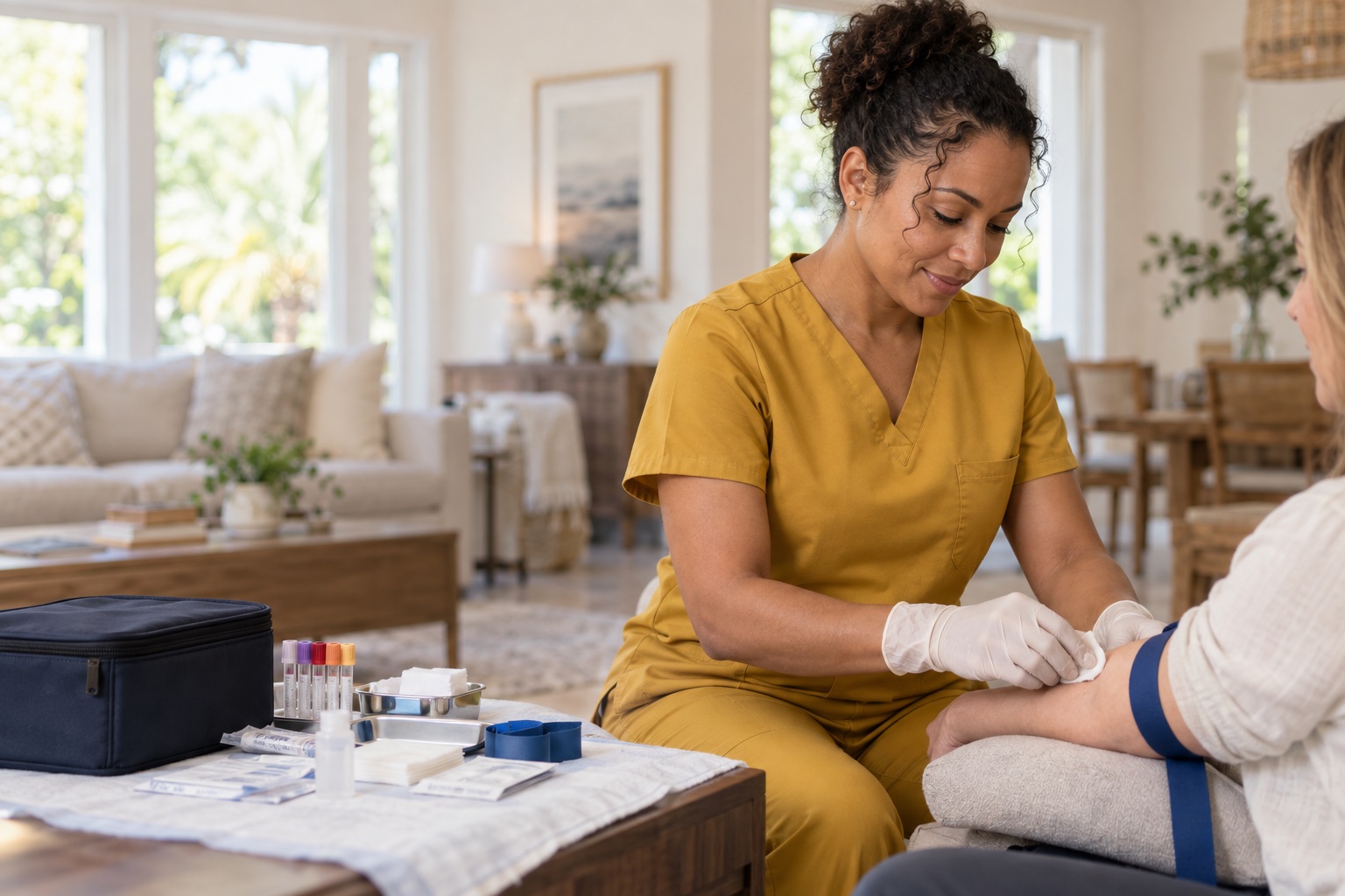 A mobile phlebotomist in gold scrubs preparing blood-draw supplies in a bright home